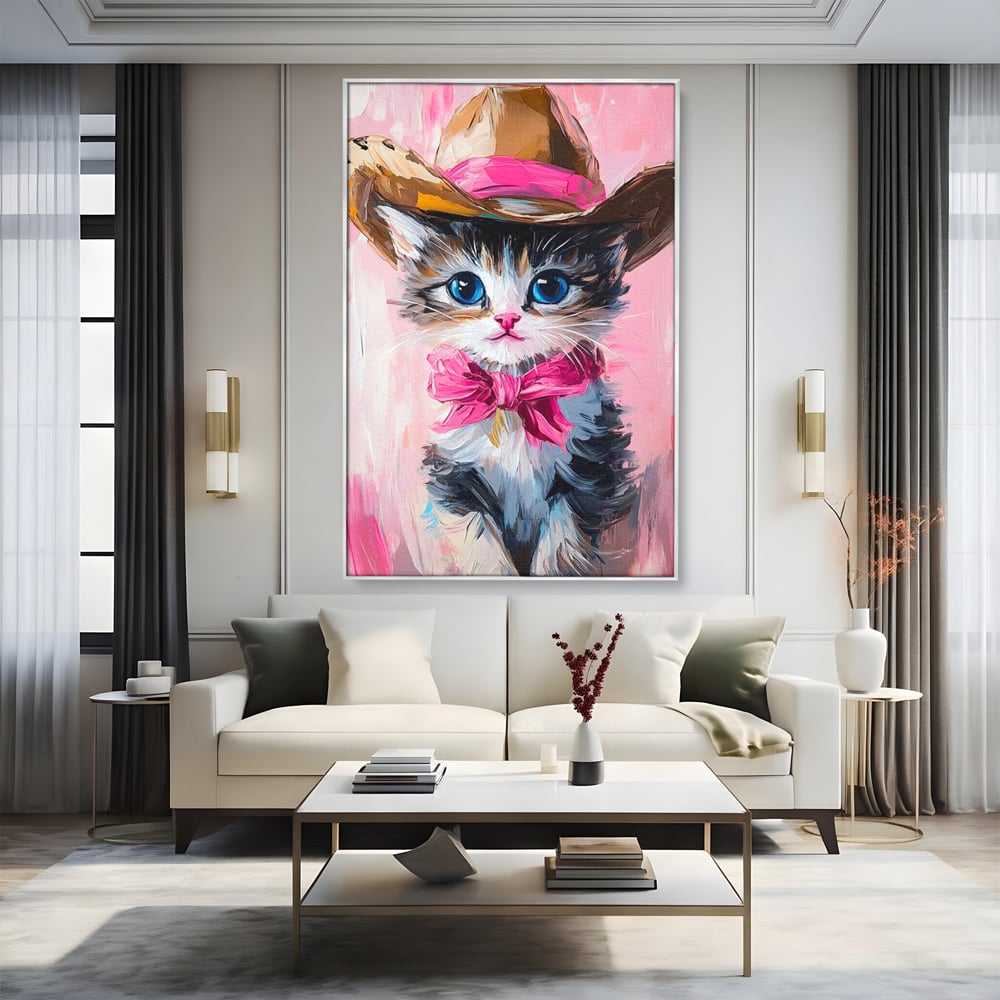 Tablou canvas cu tablou canvas cu pisicuta cowboy, in rama de aluminiu argintiu, pe perete intr-un living